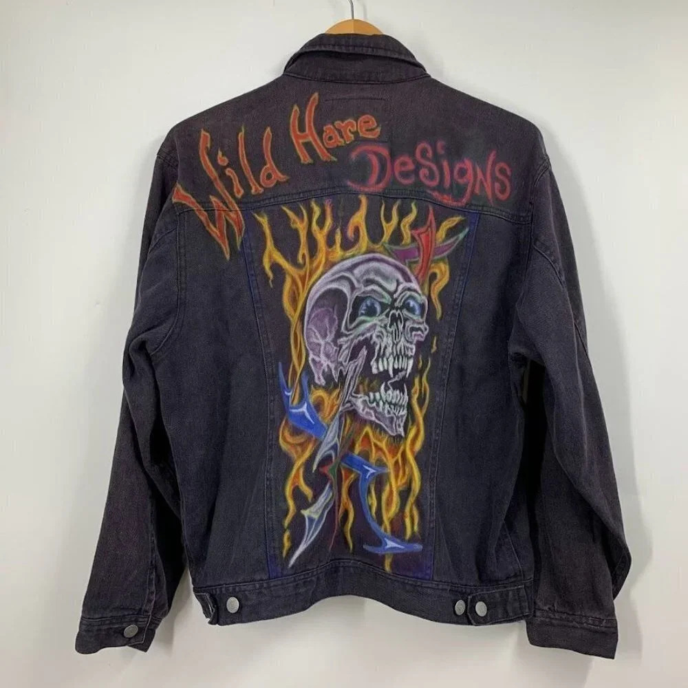 Todays News‎ Men's Custom Flaming Skull Wild Hare Designs Jean Jacket Size M